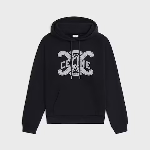 Celine Loose Hoodie in black cotton fleece with a Celine print