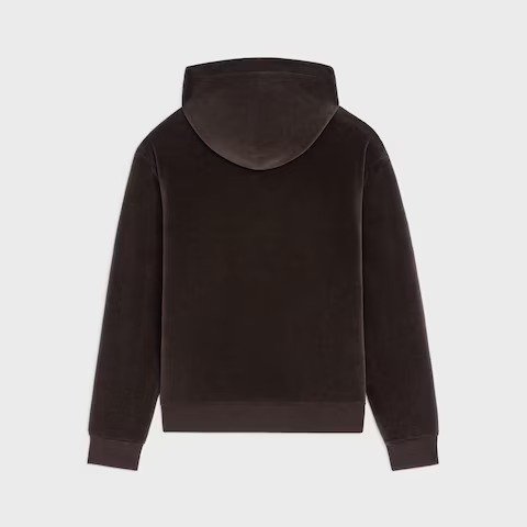 Celine Homme loose zip-up hoodie in brown velvet cotton with a Triomphe logo and beaded drawstrings.