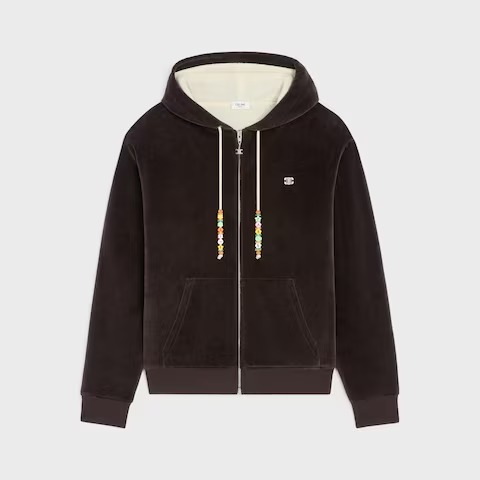 Celine Homme loose zip-up hoodie in brown velvet cotton with a Triomphe logo and beaded drawstrings.
