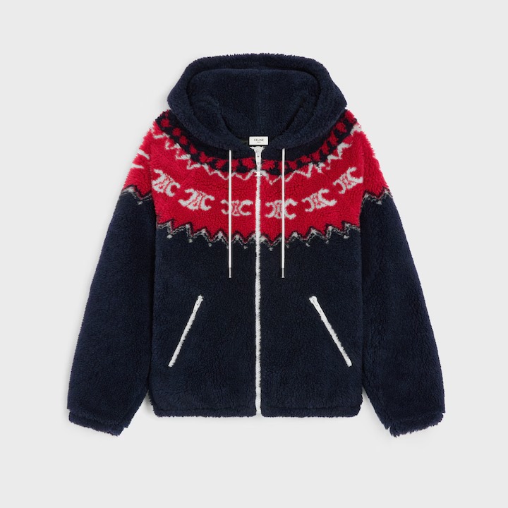 Celine hooded jacket in Triomphe Fair Isle fleece in navy, red, and ecru
