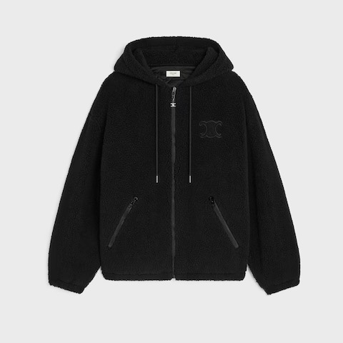 Celine hooded jacket in black wool and cotton-blend fleece with an embroidered Triomphe logo