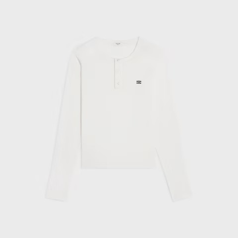 Celine Homme long-sleeved Henley T-shirt in white ribbed cotton-jersey with a Triomphe logo embroidery