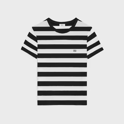 Celine Triomphe loose t-shirt in black and white striped cotton jersey with an embroidered Triomphe logo