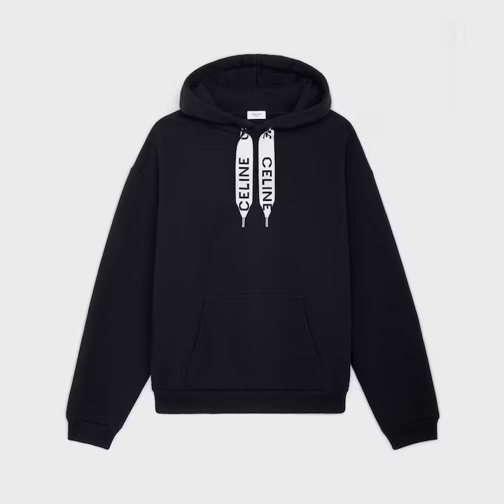 Celine loose hoodie in black cotton fleece with contrasting Celine logo drawstrings