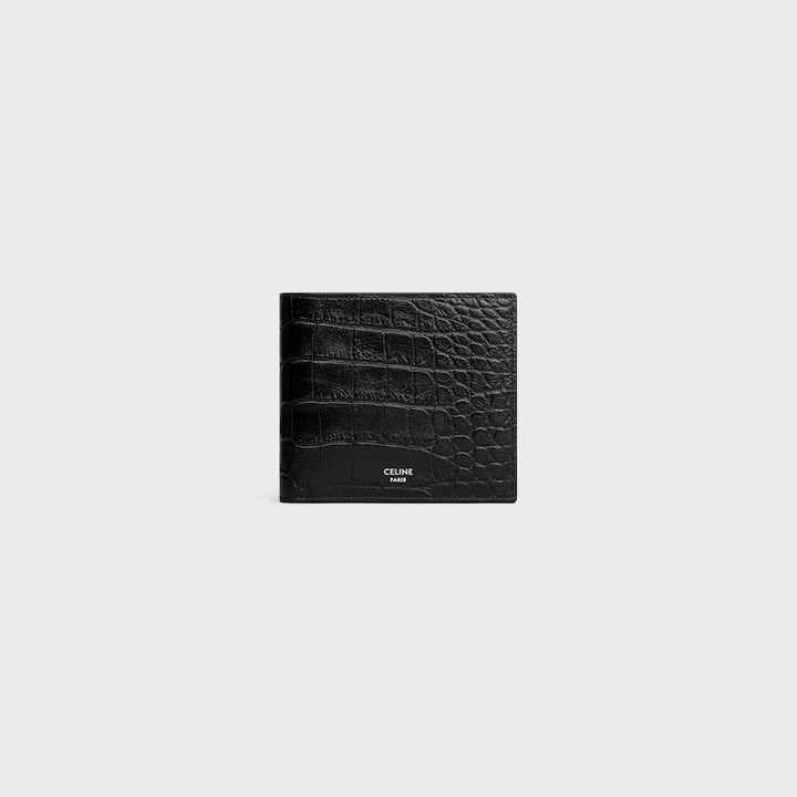 Celine bi-fold wallet in black crocodile-embossed calfskin leather