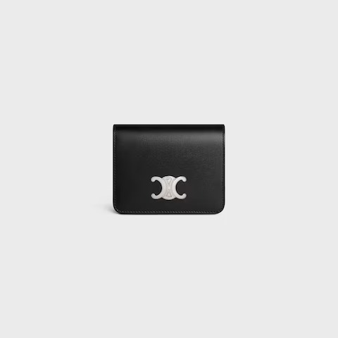 Celine Triomphe Compact Wallet in black shiny calfskin leather.