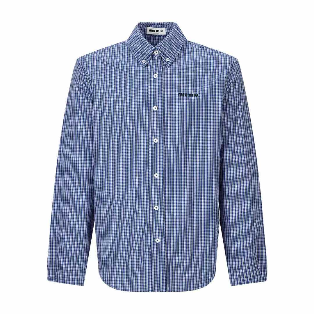 Miu Miu logo-embroidered checked cotton poplin shirt in blue