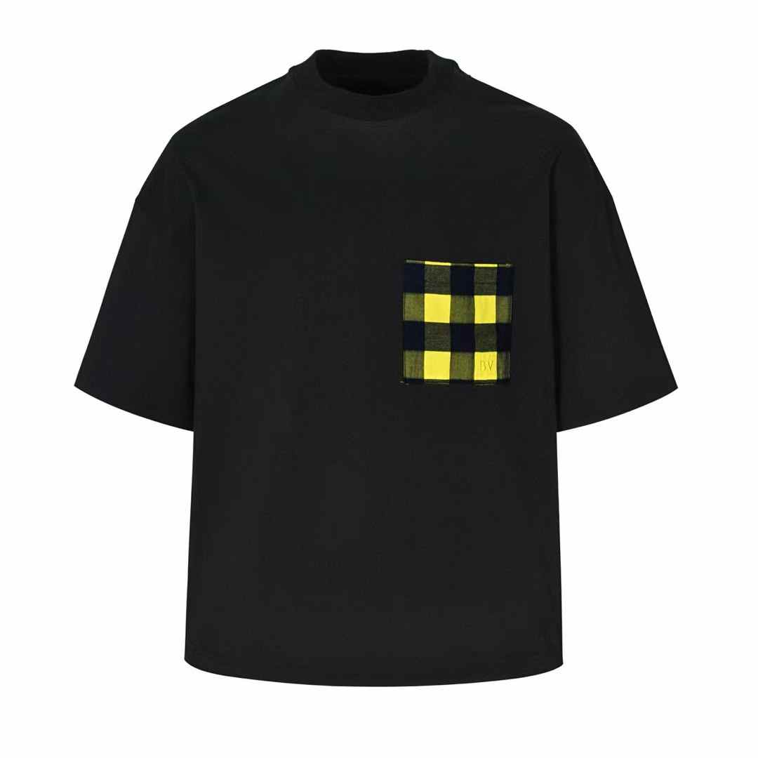Bottega Veneta black cotton jersey t-shirt with a yellow and black gingham check panel pocket