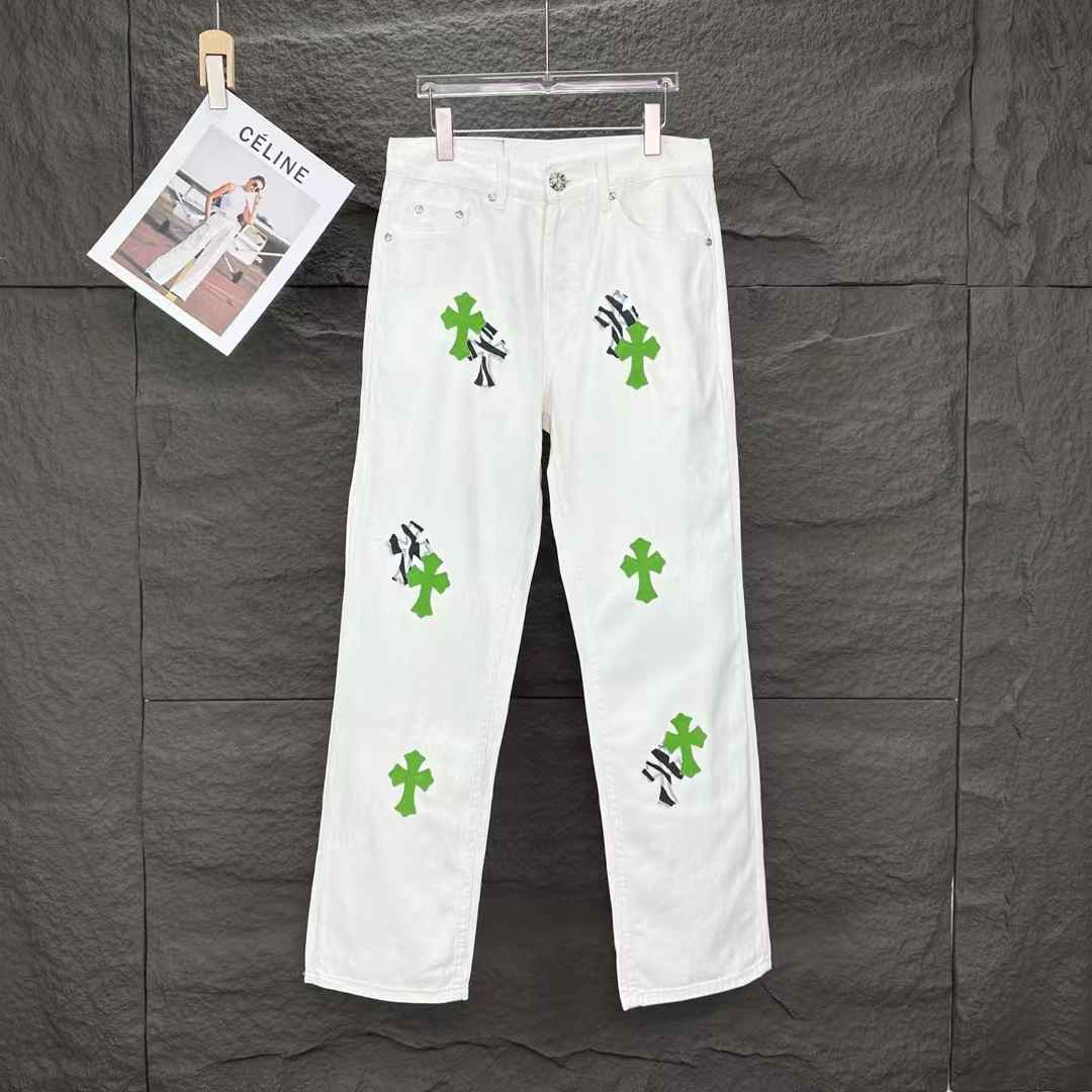 Chrome Hearts white Levi's denim jeans with green and black/white zebra cross patches