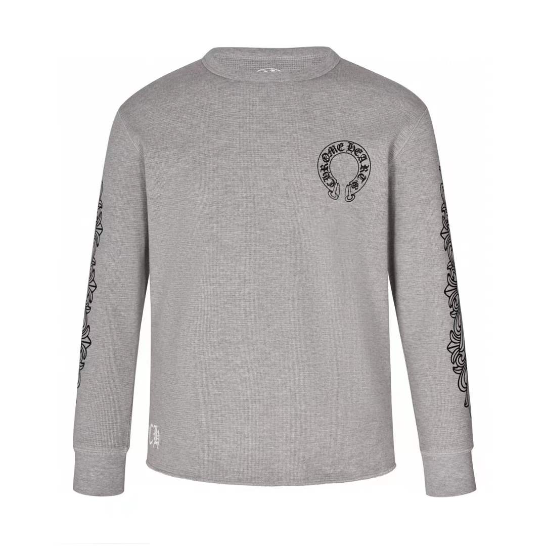 Chrome Hearts Horseshoe Floral Sleeve Waffle Thermal sweatShirt in gray