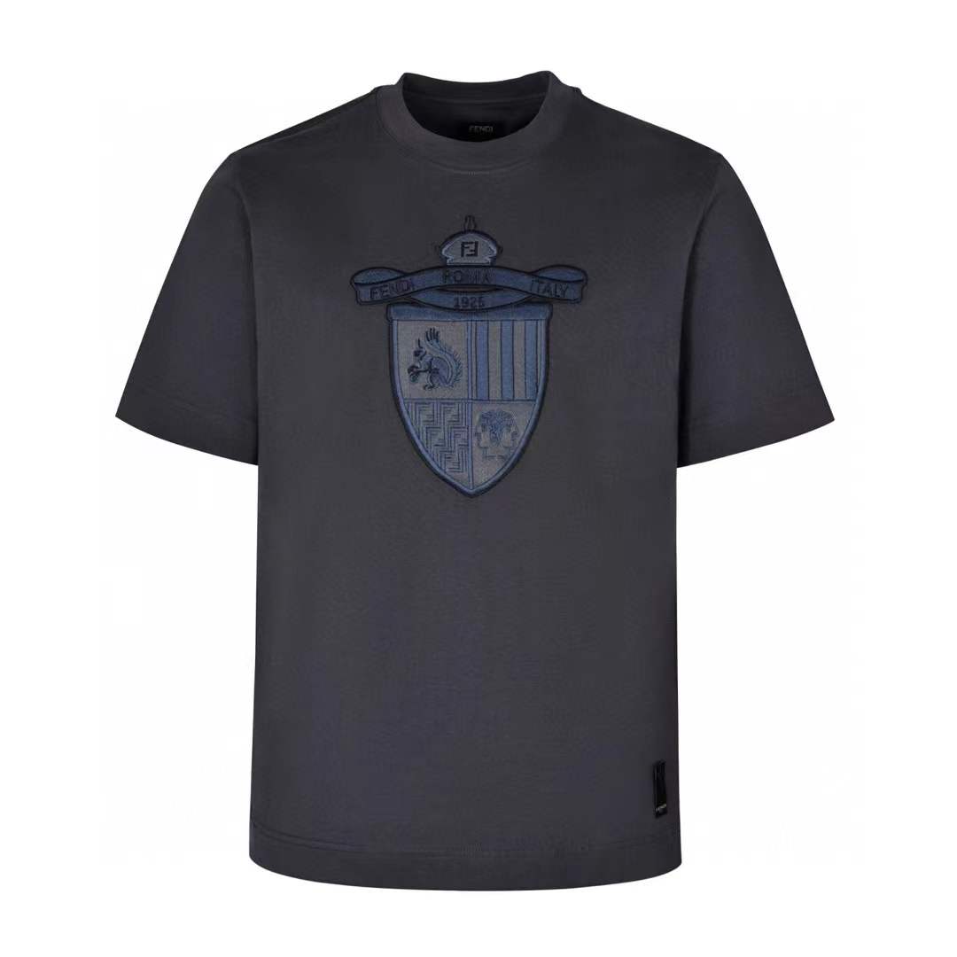 Fendi men's navy blue cotton T-shirt with a crest embroidered crewneck
