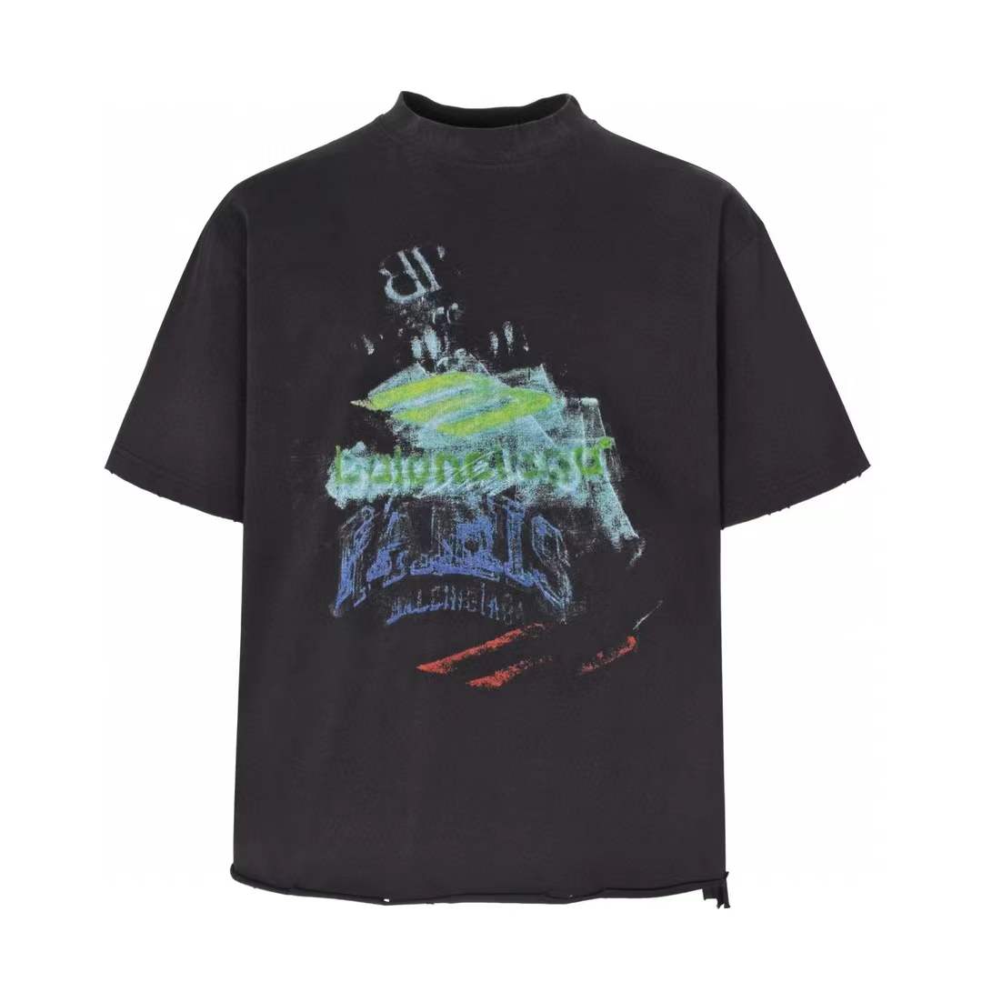 Balenciaga Unisex DIY Imprint Cropped T-shirt in black faded jersey with a distressed hem and graphic print