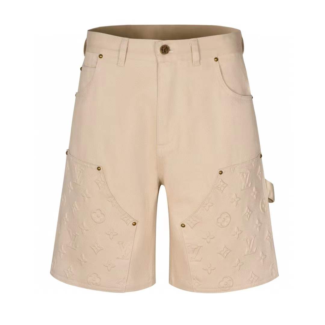 LV Monogram workwear shorts in a beige or light tan color