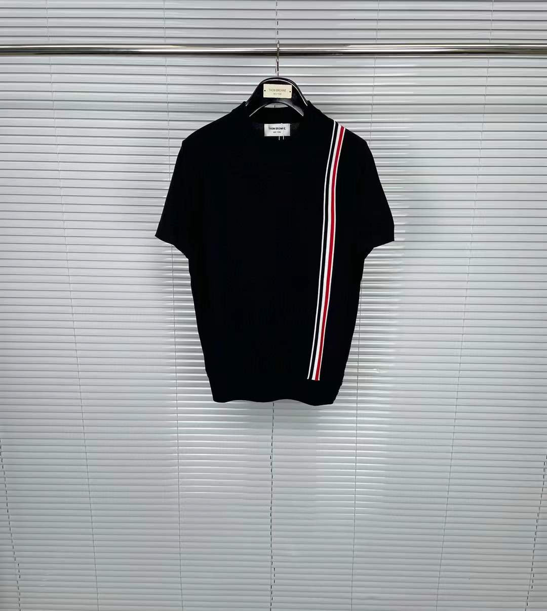 Thom Browne Classic Pique Stripe Tee in black cotton