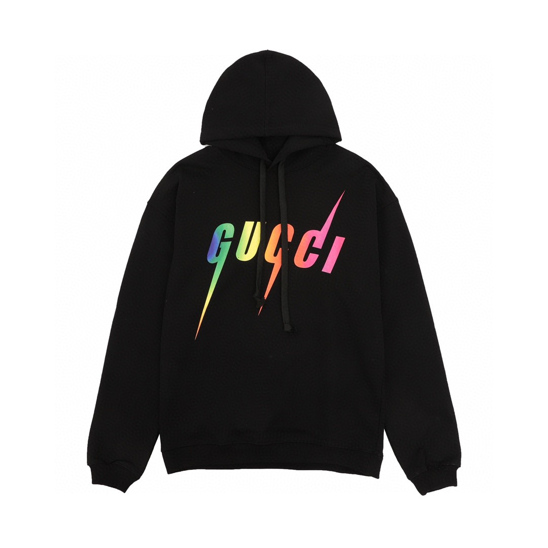 Gucci men's graphic popover hoodie in black with a rainbow blade print