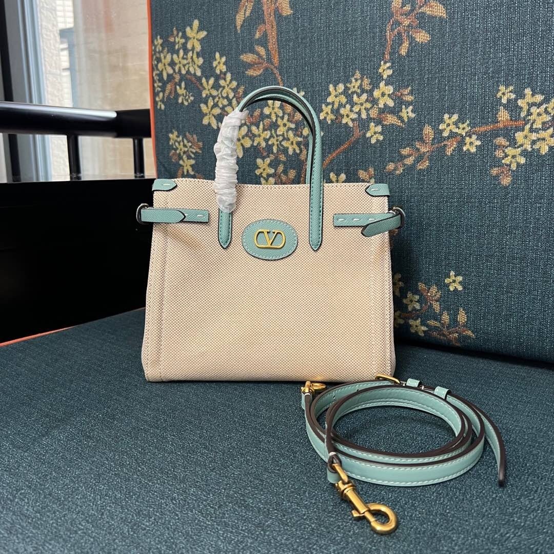 Valentino Garavani Antibes small shopping bag in beige canvas with green leather trim