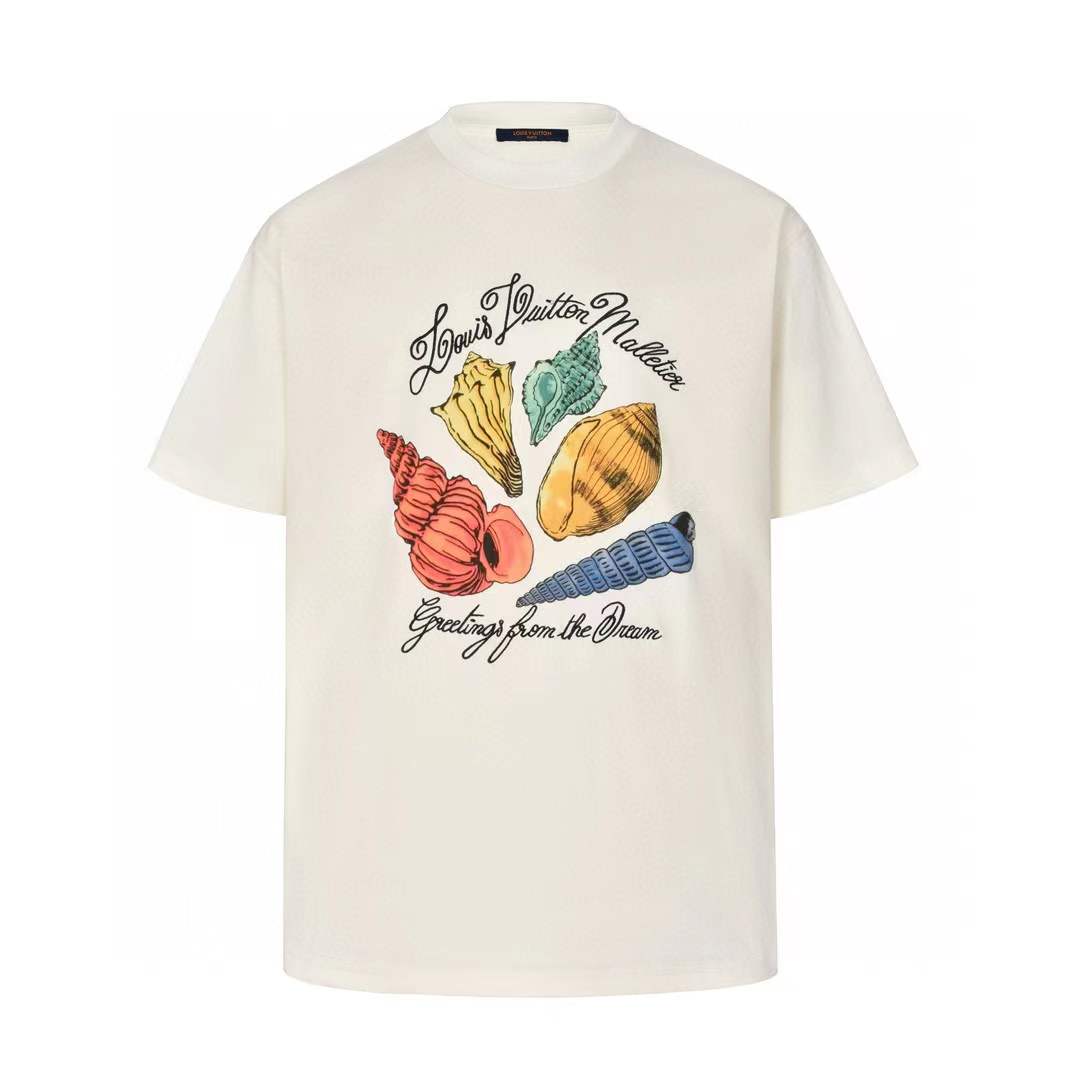 LV Printed Short-Sleeved Cotton T-shirt in Milky White with a "Greetings from the Beach" shell graphic