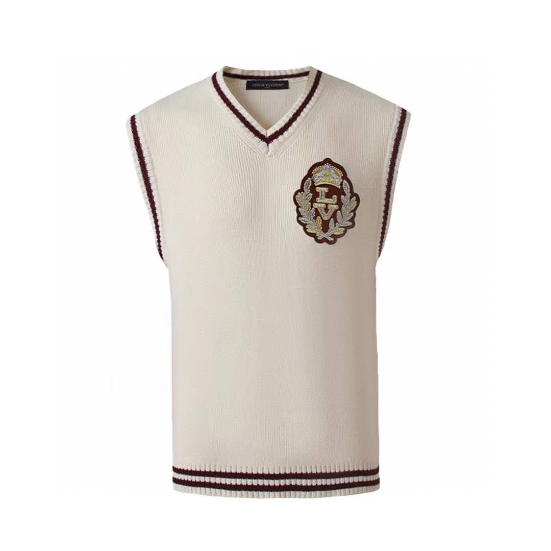 LV Embellished Wool Vest in milky white wool with a Lurex-embroidered LV Crown patch and burgundy striped edges