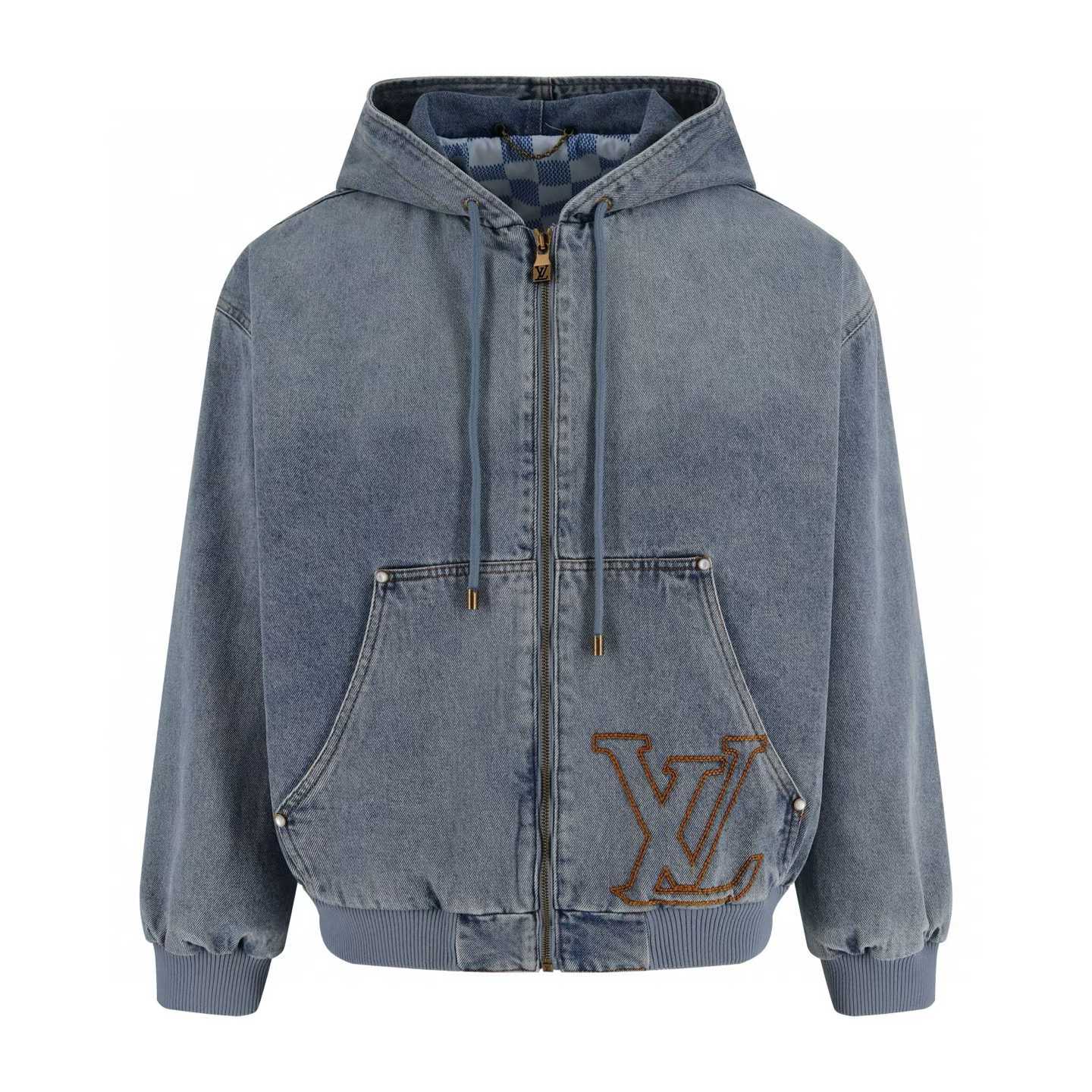 LV hooded denim jacket likely the "LV Louis Vuitton NBA Denim Hooded Jacket