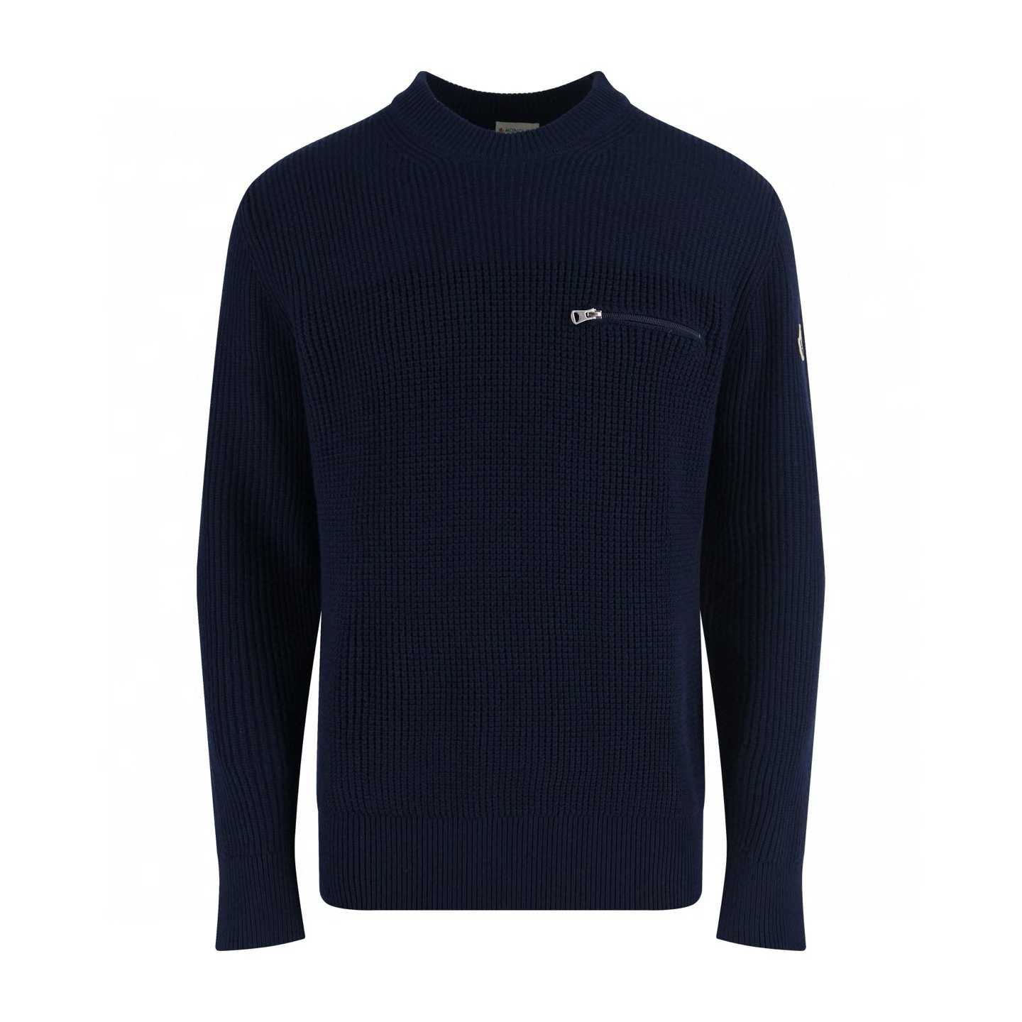 Moncler navy blue wool and cashmere waffle knit sweater with a zip pocket and leather logo patch
