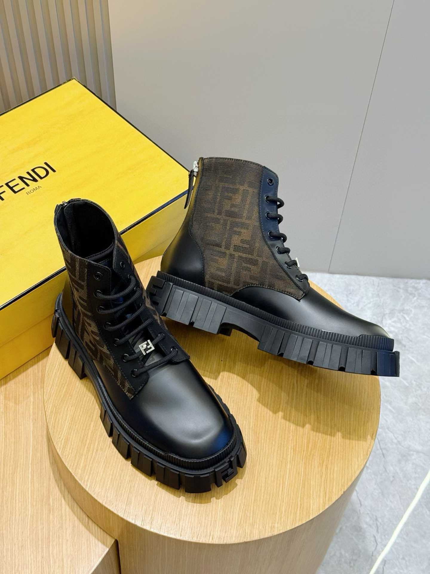 Fendi Force biker boots in black leather with FF Eclissi jacquard inserts