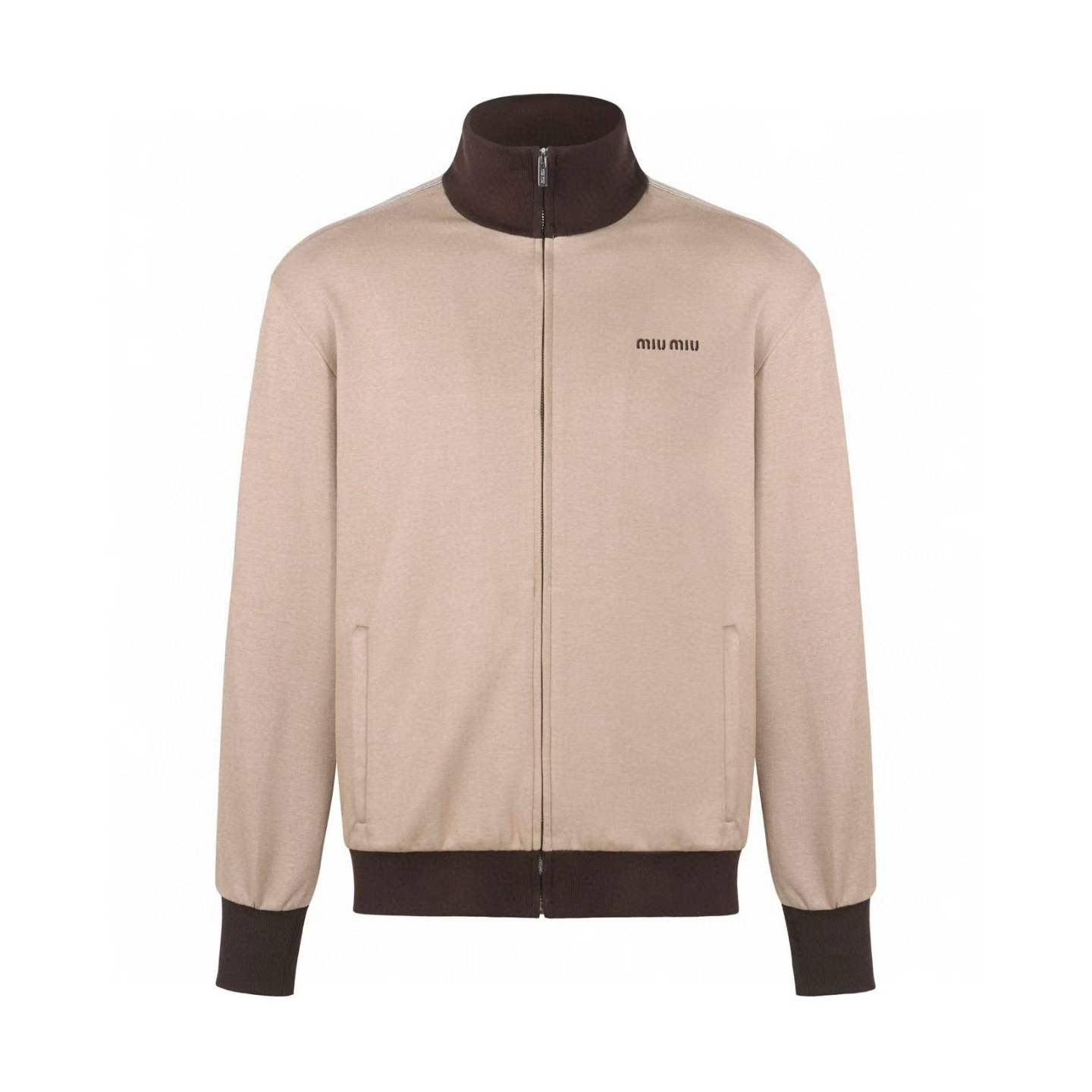 miu miu beige bomber jacket with brown ribbed cuffs