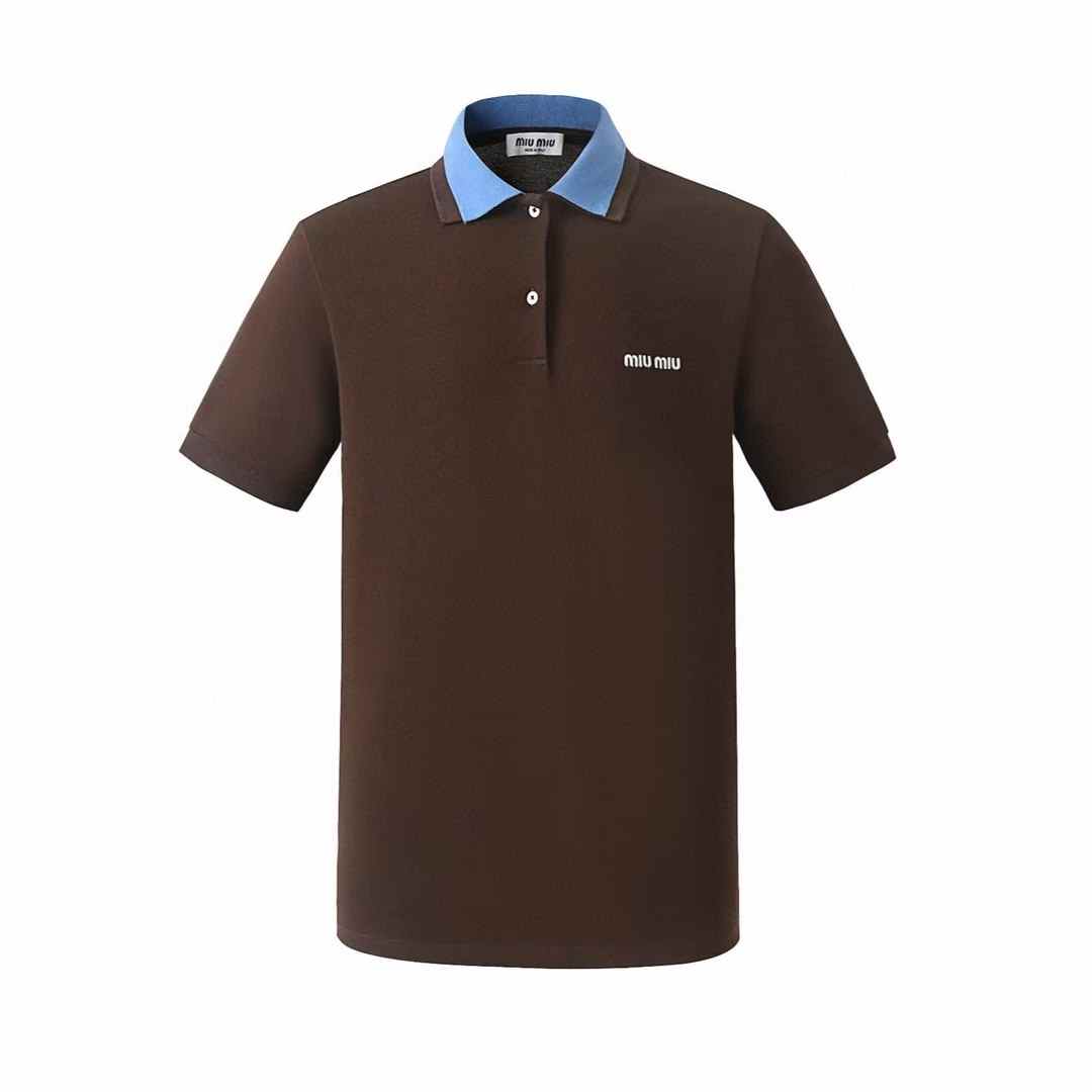 Miu Miu cotton piqué polo shirt in cocoa brown with a periwinkle blue double collar