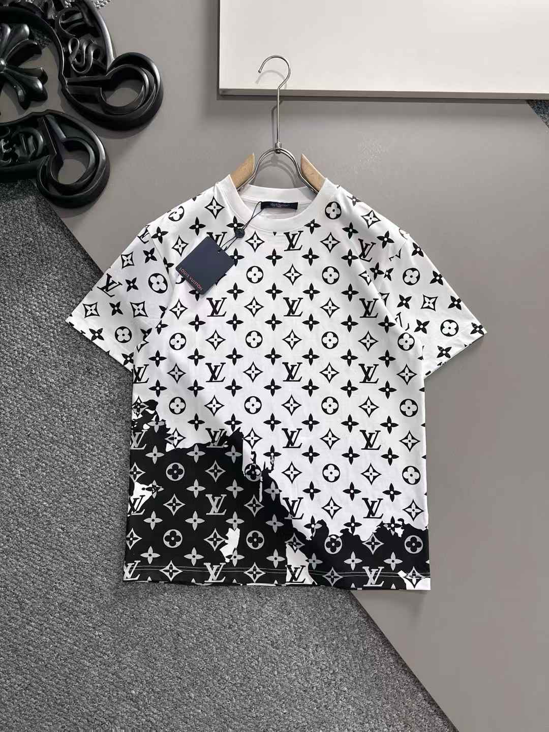 LV Monogram T-shirt with a split white and black design