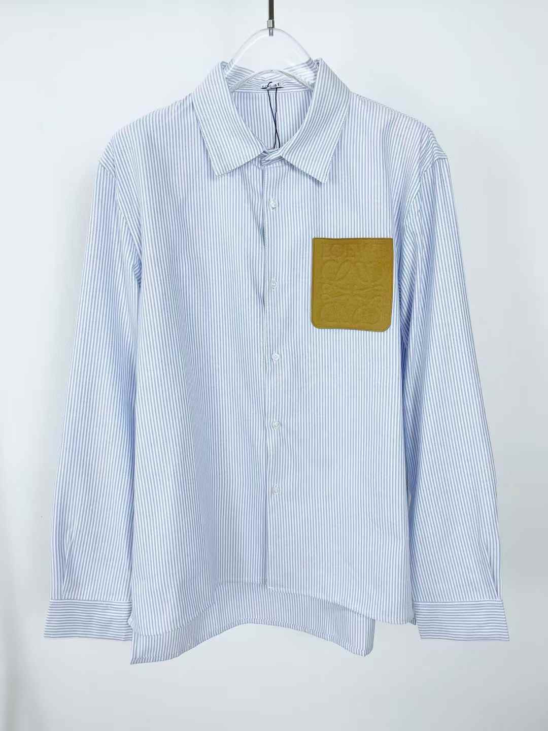 Loewe Anagram Stripe Shirt in light blue cotton with a yellow/mustard calfskin chest pocket