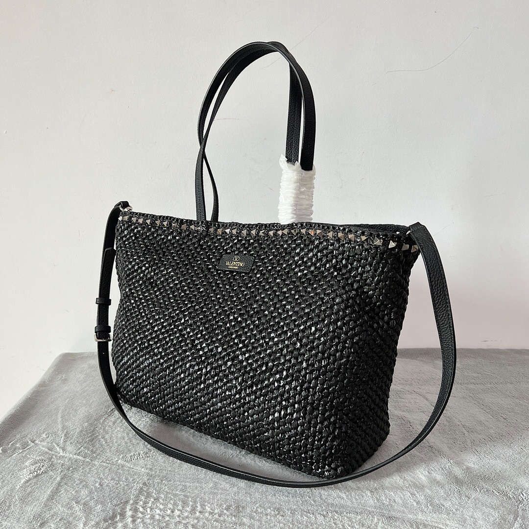 Valentino Garavani medium woven straw tote bag black