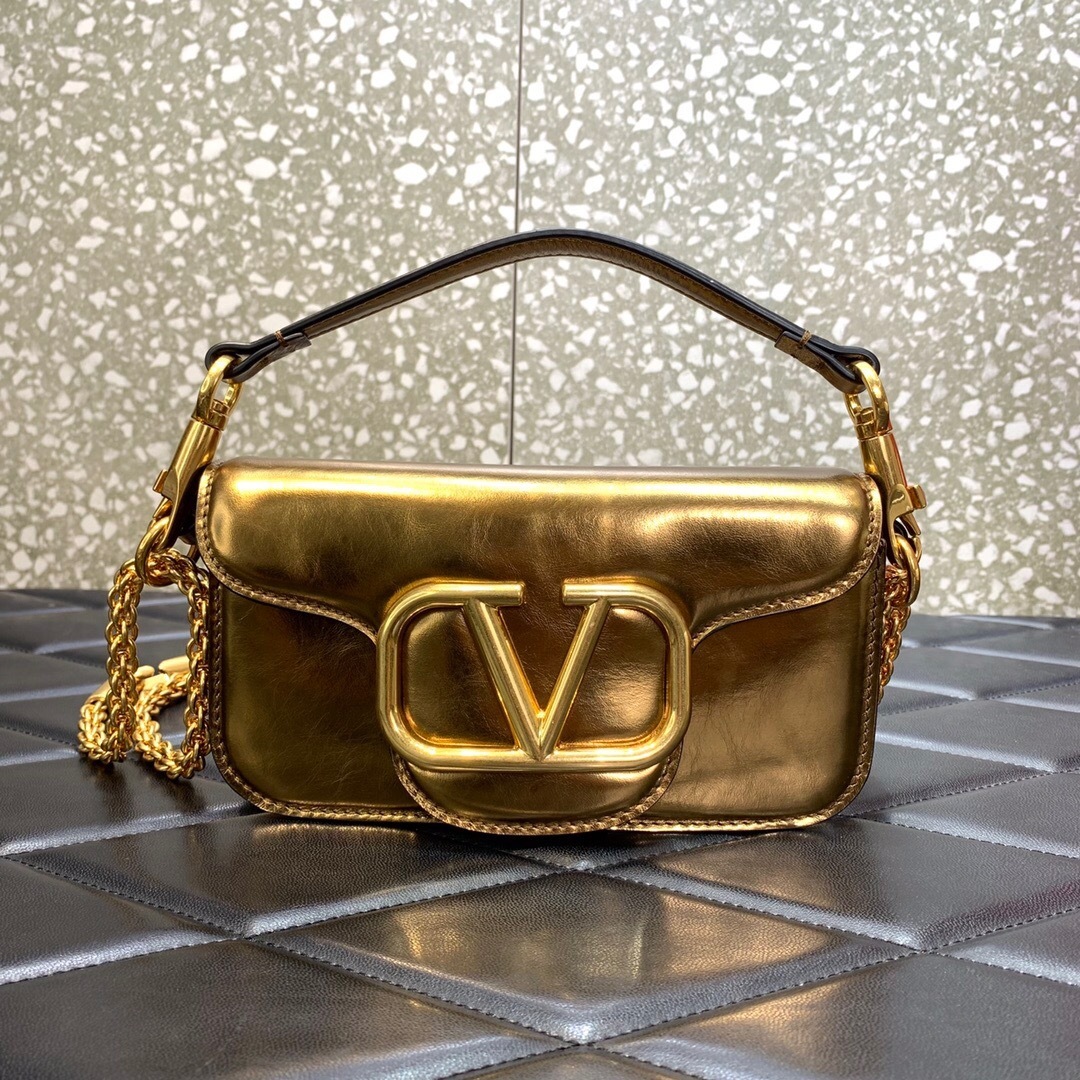Valentino Garavani Locò shoulder bag in metallic craquelé-effect calfskin with VLogo Signature element