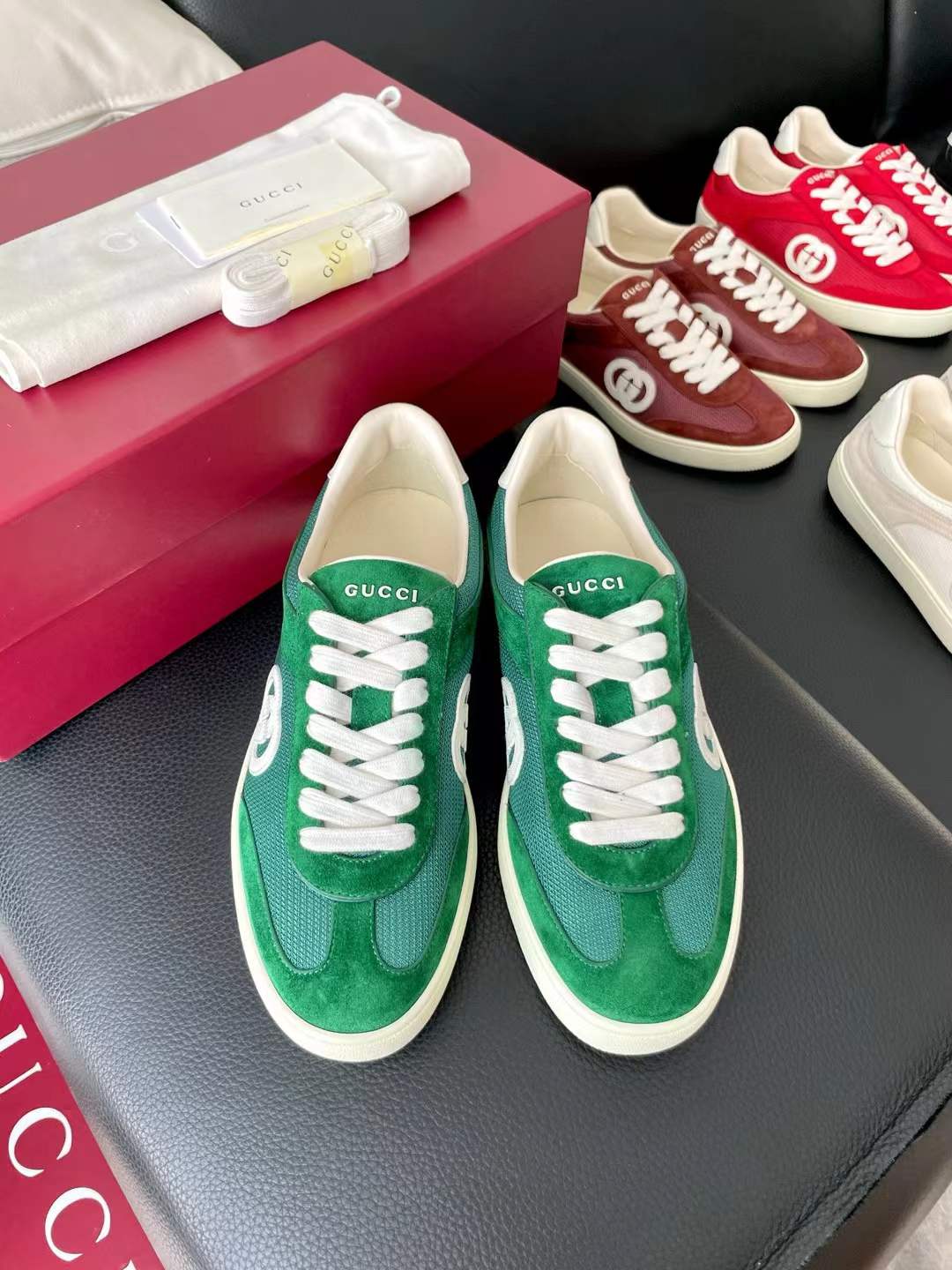 gucci green G74 suede and mesh low-top sneakers