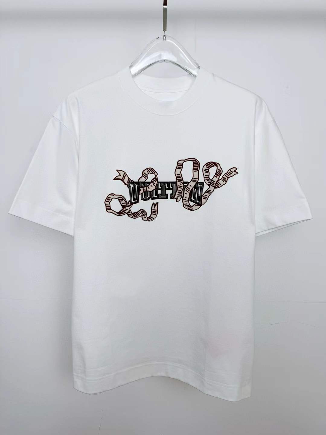 LV white cotton graphic T-shirt with a 'self control' ribbon logo