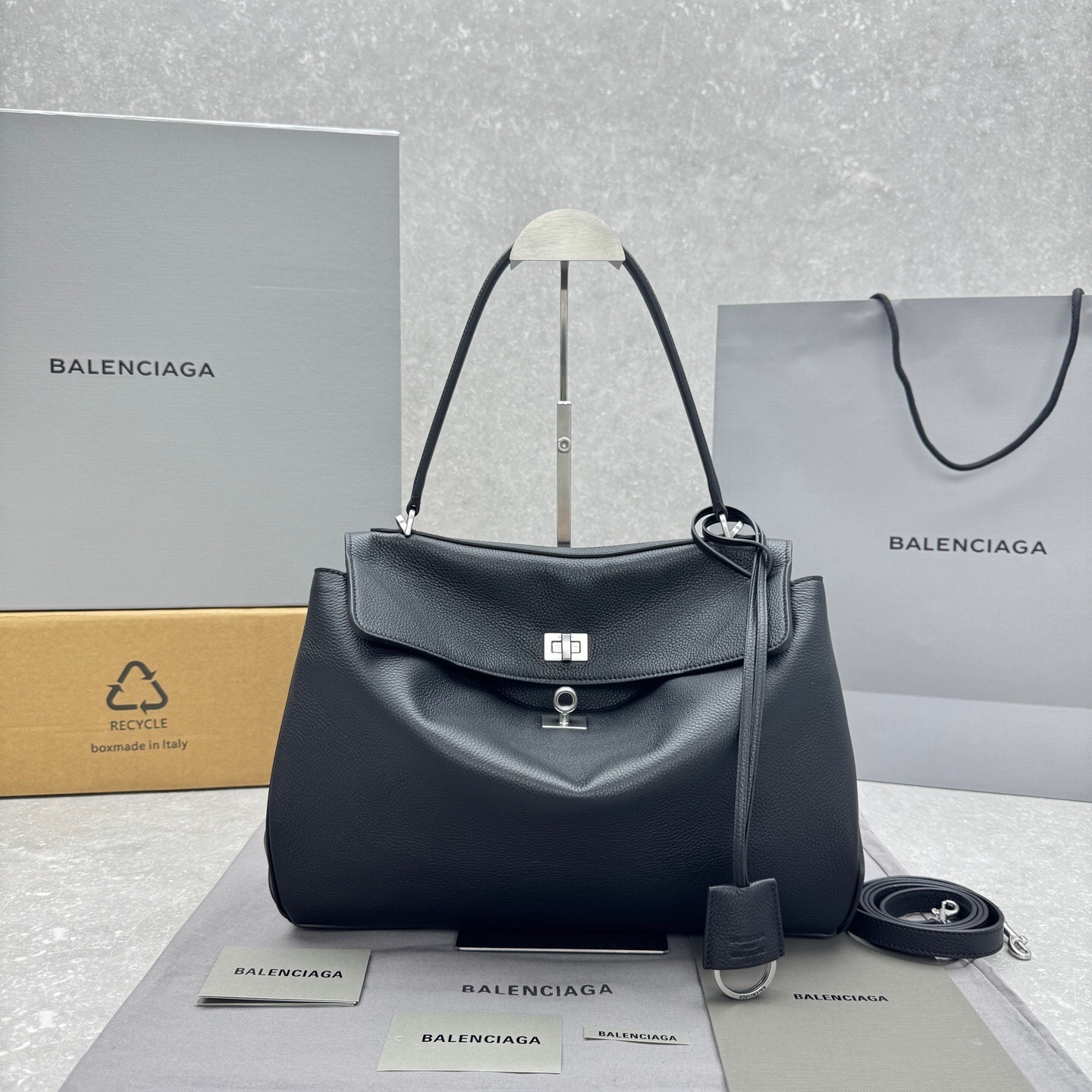 Balenciaga medium Rodeo handbag in black smooth calfskin leather with aged-silver hardware and one charm