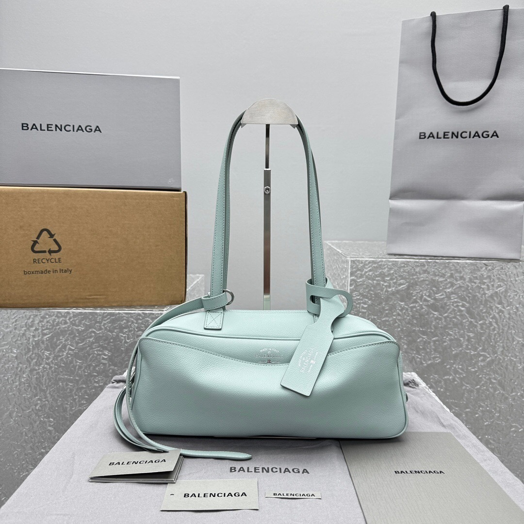 Balenciaga Carrie Bowling Bag in mineral green grained calfskin leather