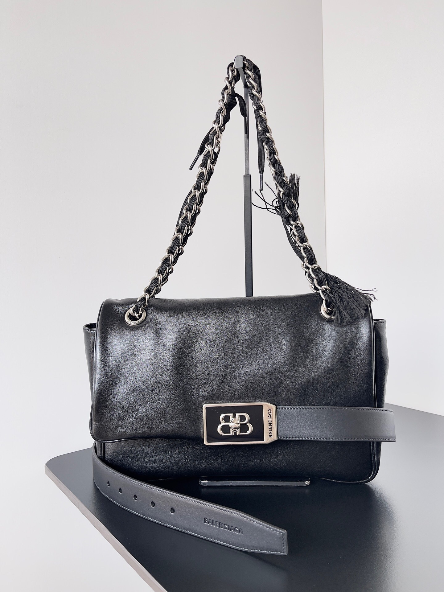 Balenciaga Modu Flap Medium Chain Bag in black calf leather