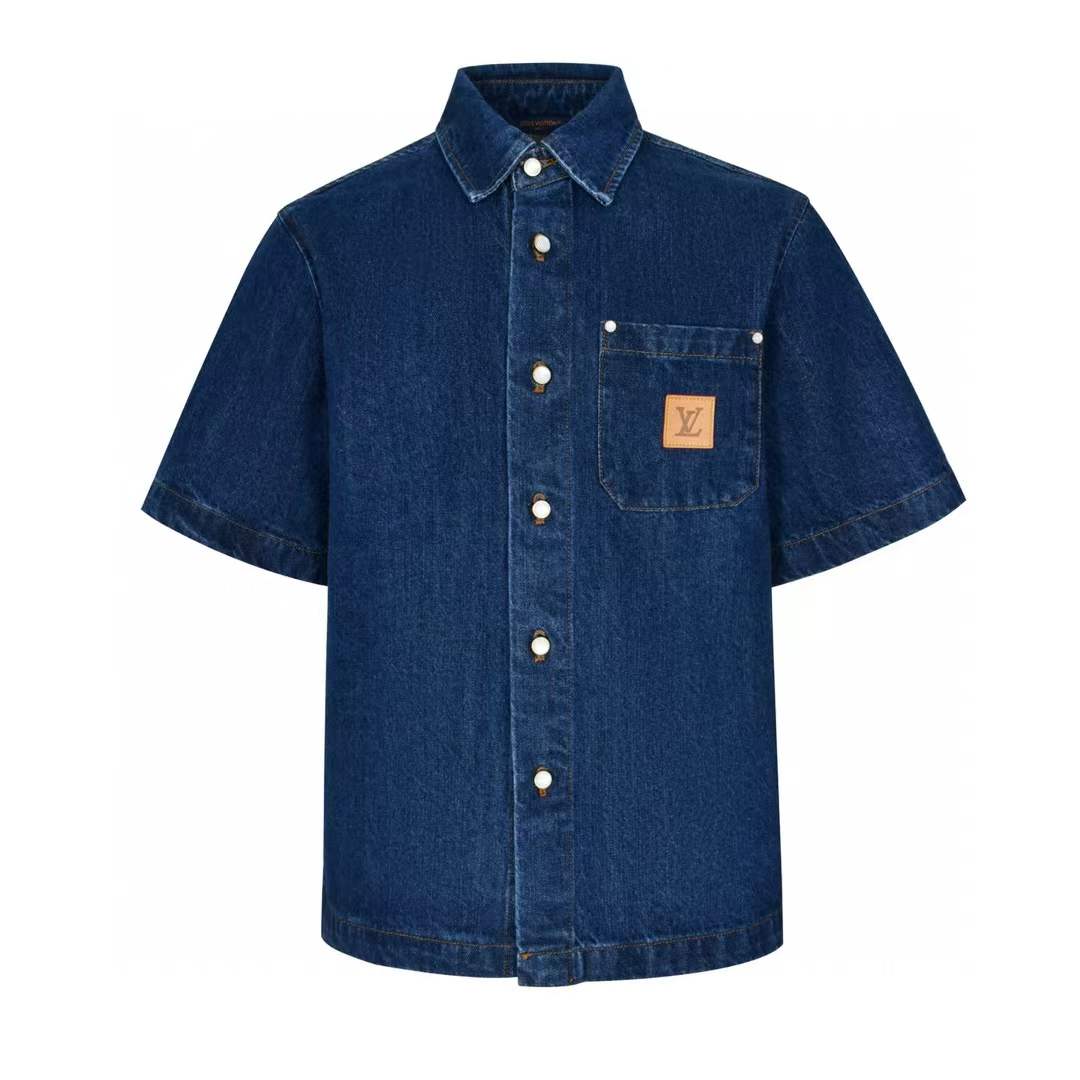 LV Signature short-sleeved denim shirt in indigo cotton