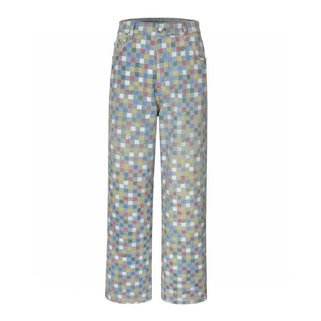 LV Damier Denim Wide-Leg Pants in multicolor organic denim