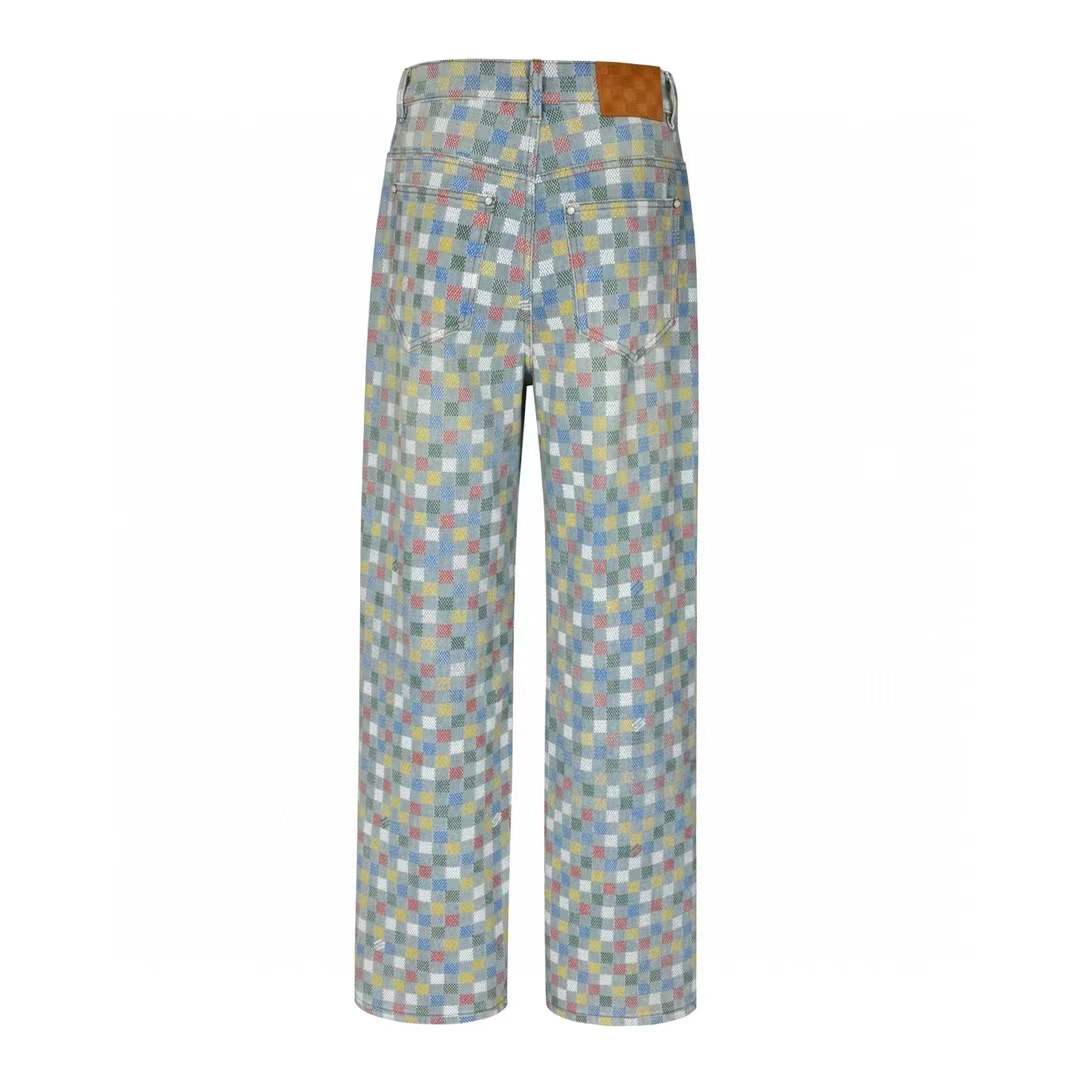 LV Damier Denim Wide-Leg Pants in multicolor organic denim