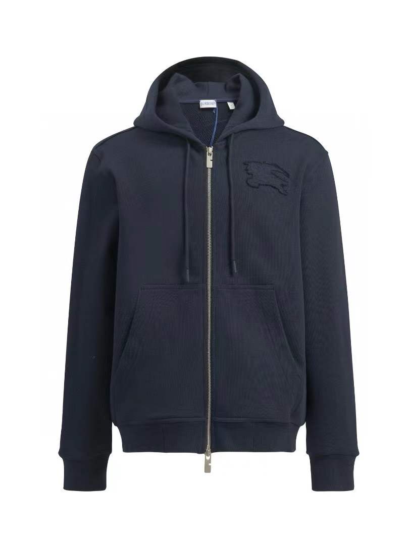 burberry logo-embroidered zip-up cotton jacket in navy blue