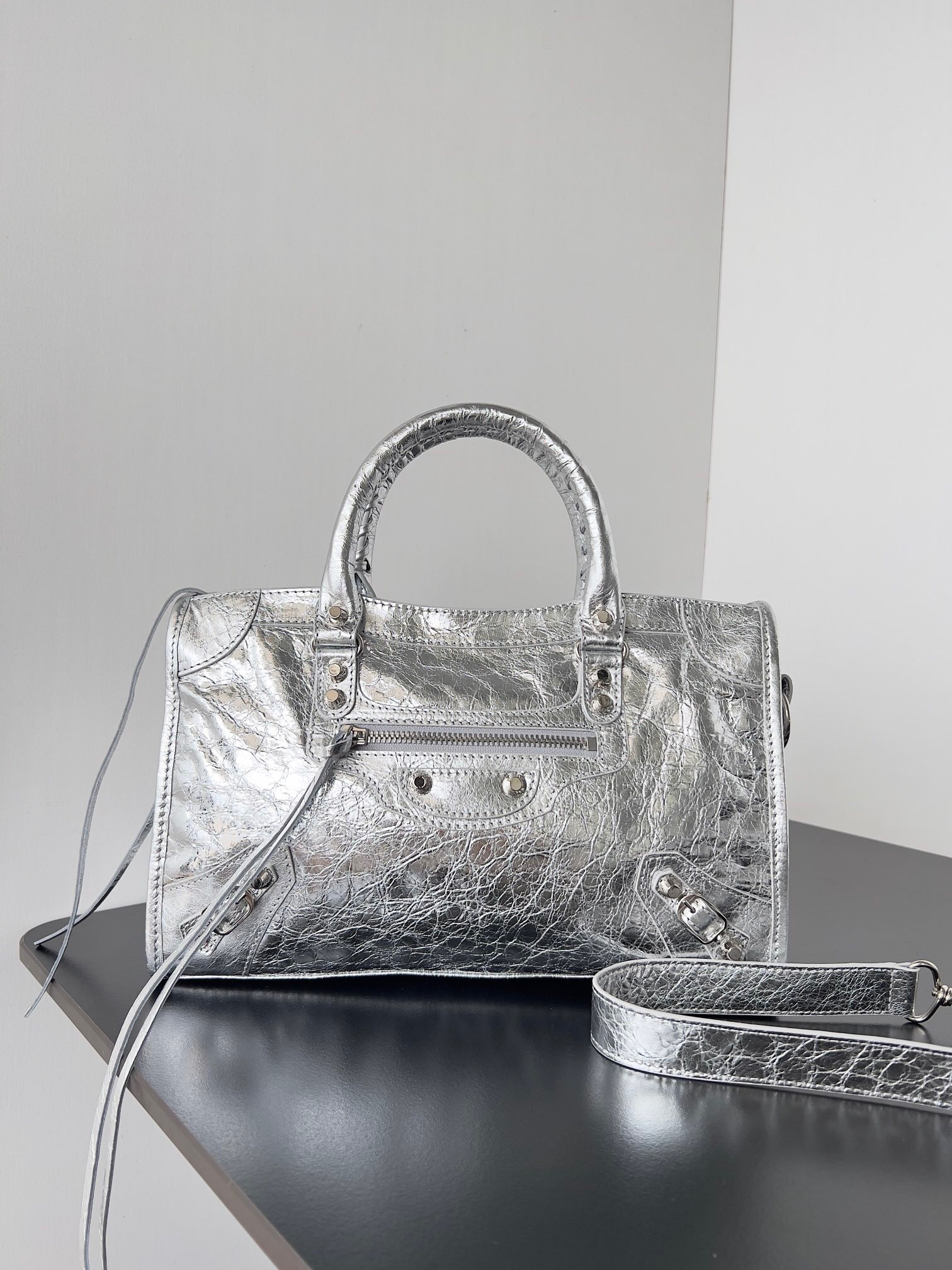 Balenciaga Le City bag in a metallic silver finish