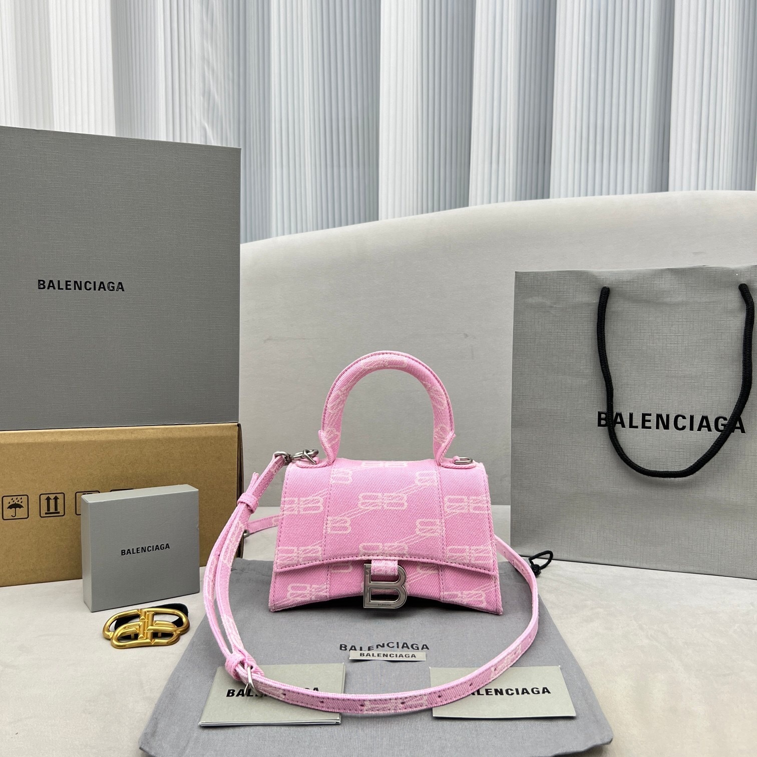 Balenciaga Washed Denim BB Monogram Hourglass Top Handle Bag XS in pink
