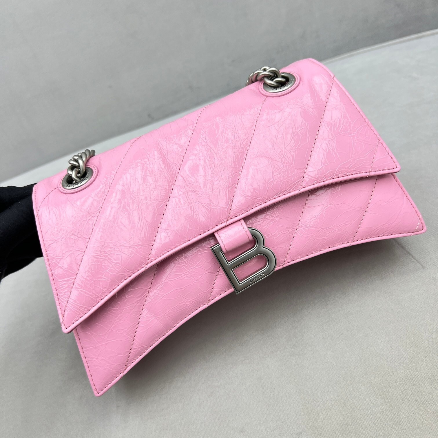 Balenciaga Crush small chain bag in pink crinkled calfskin leather