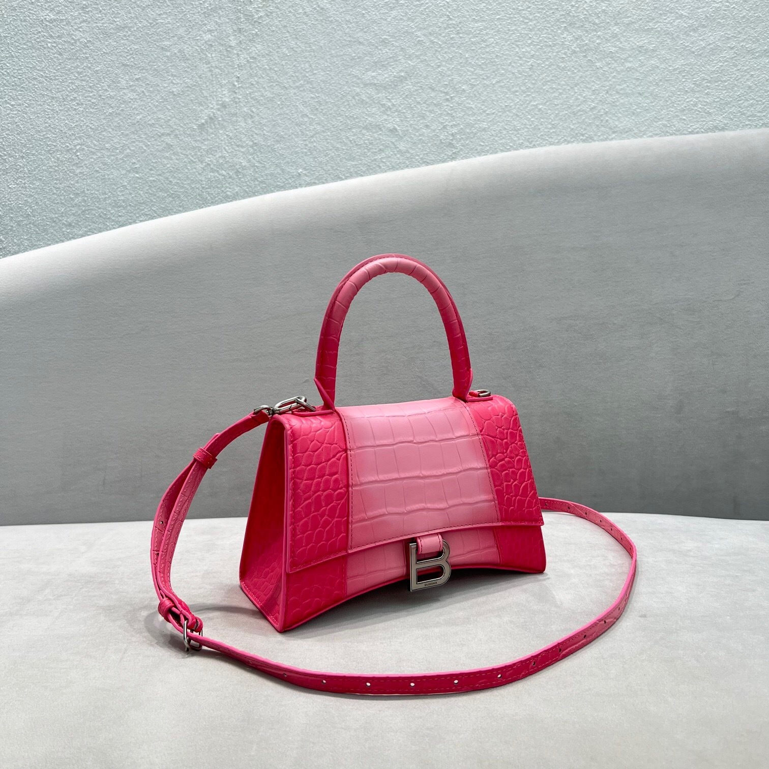 Balenciaga small Hourglass bag in pink croc-embossed leather with silver-tone hardware