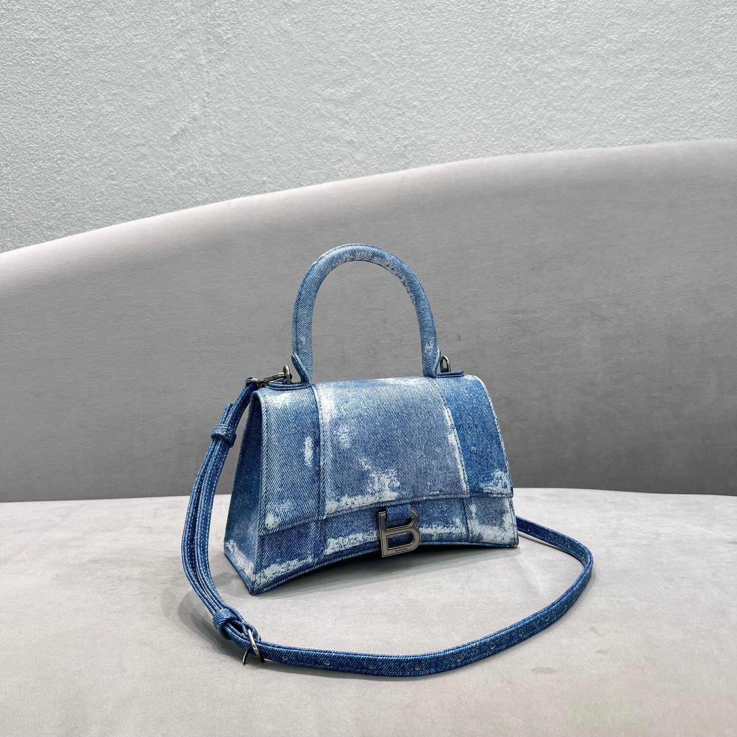 Balenciaga Hourglass Small top-handle bag in denim-print leather