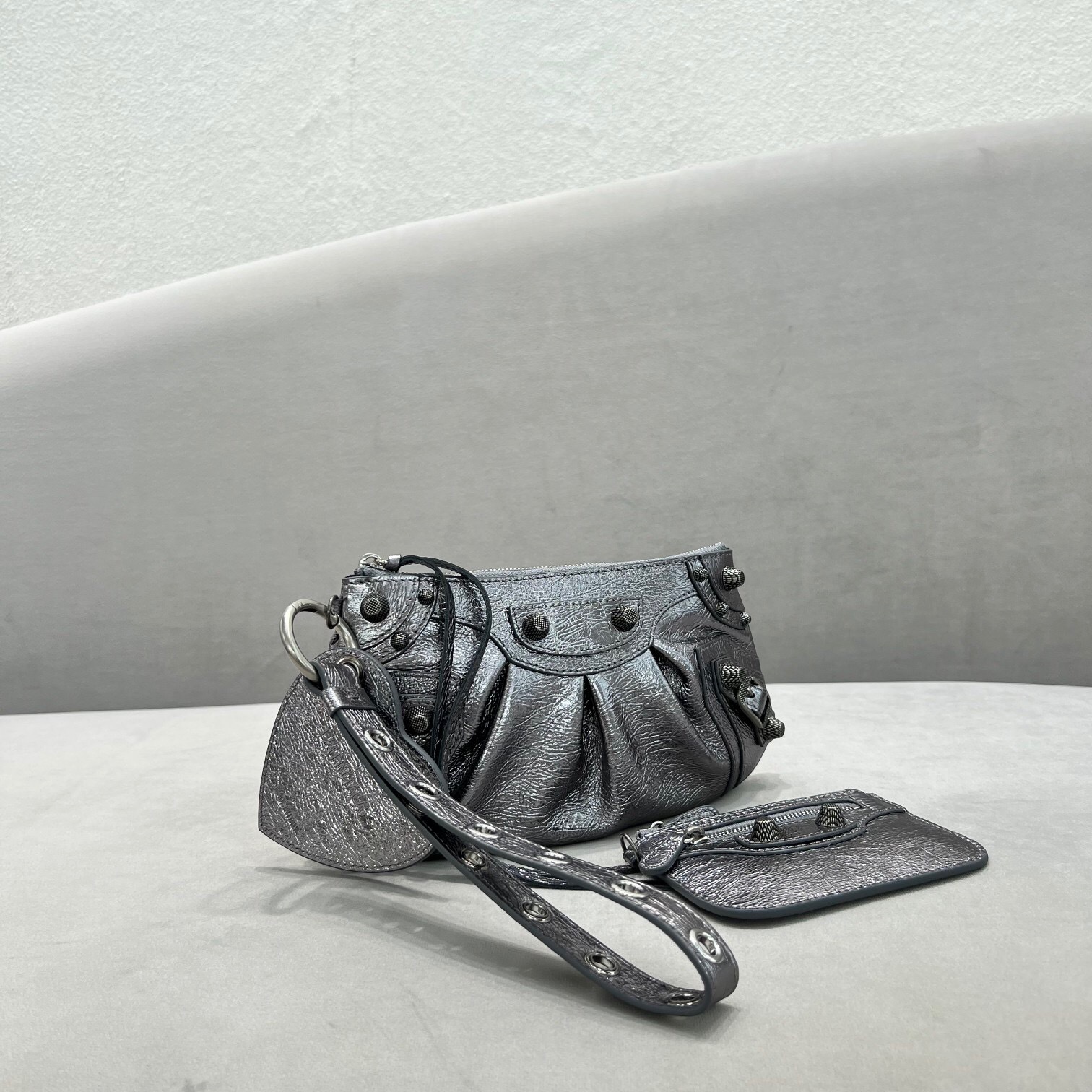 Balenciaga Le Cagole shoulder bag in silver-toned metallic lambskin leather
