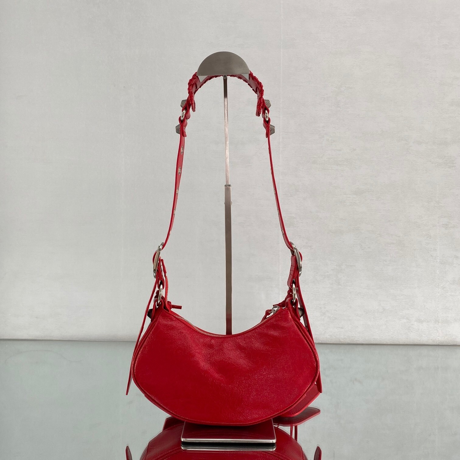 Balenciaga Le Cagole XS shoulder bag in tomato red lamb leather with silver-tone hardware