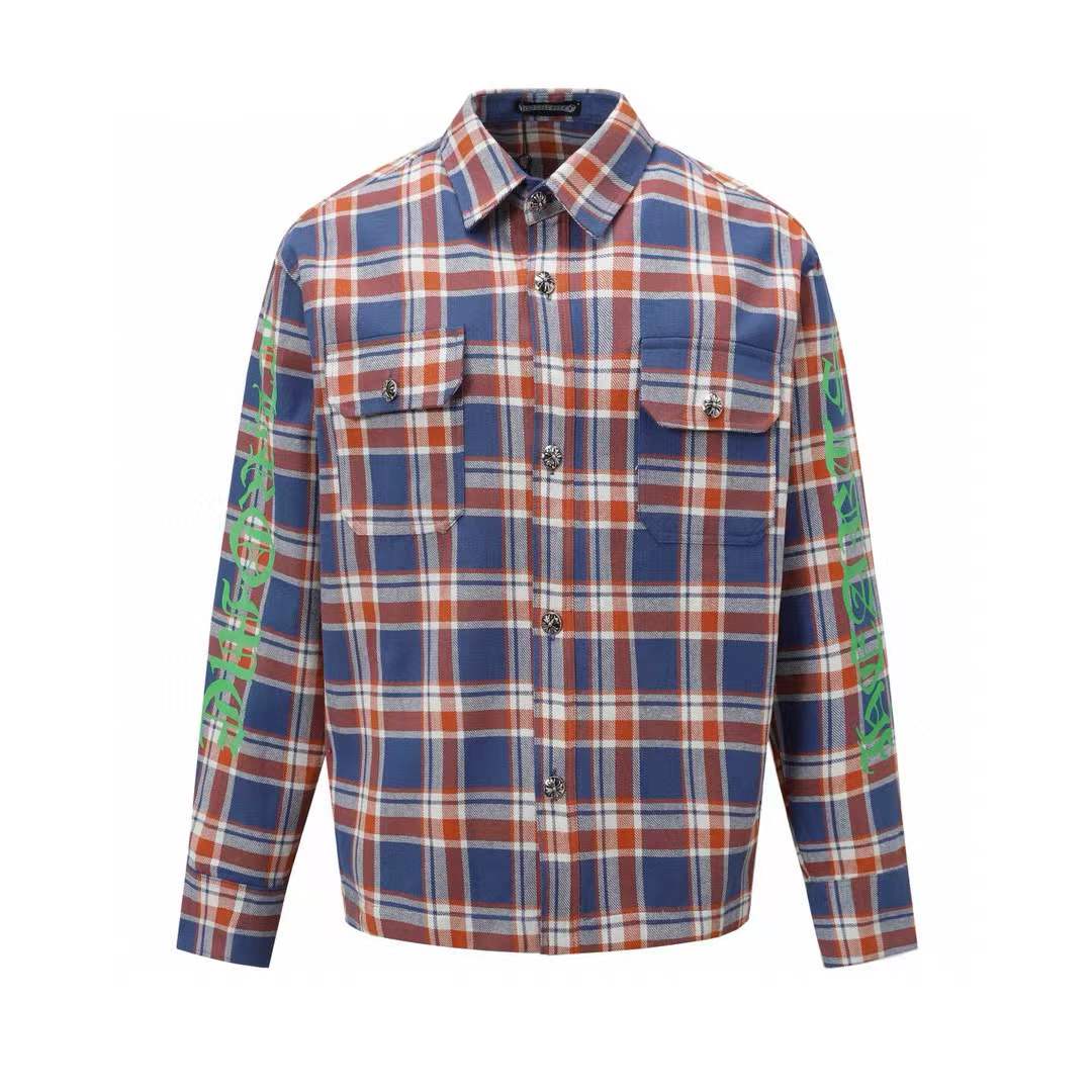 Chrome Hearts Padded Flannel work shirt with floral sleeves in red and blue plaid