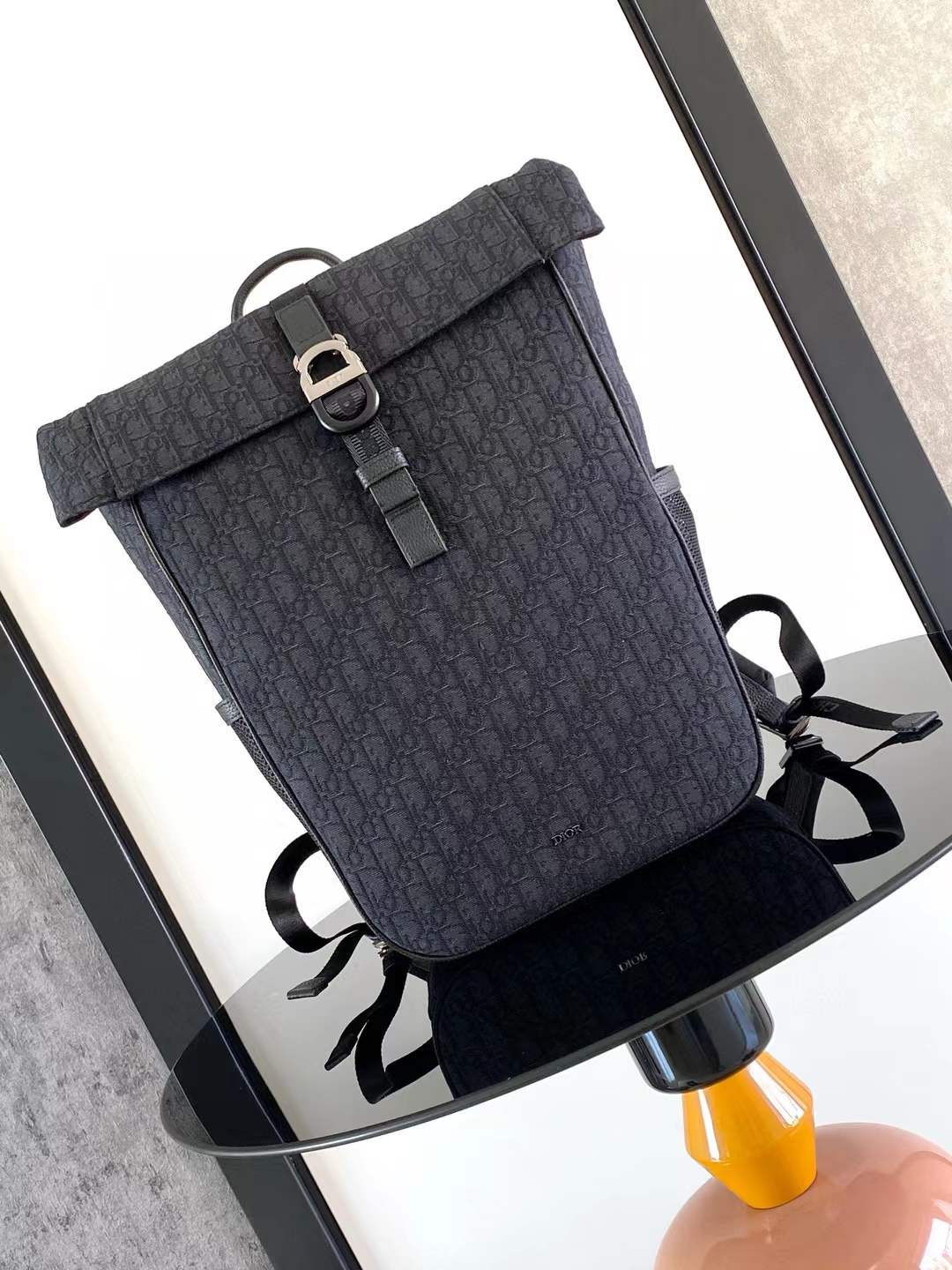 Dior 8 Roll Top Backpack in black Oblique jacquard