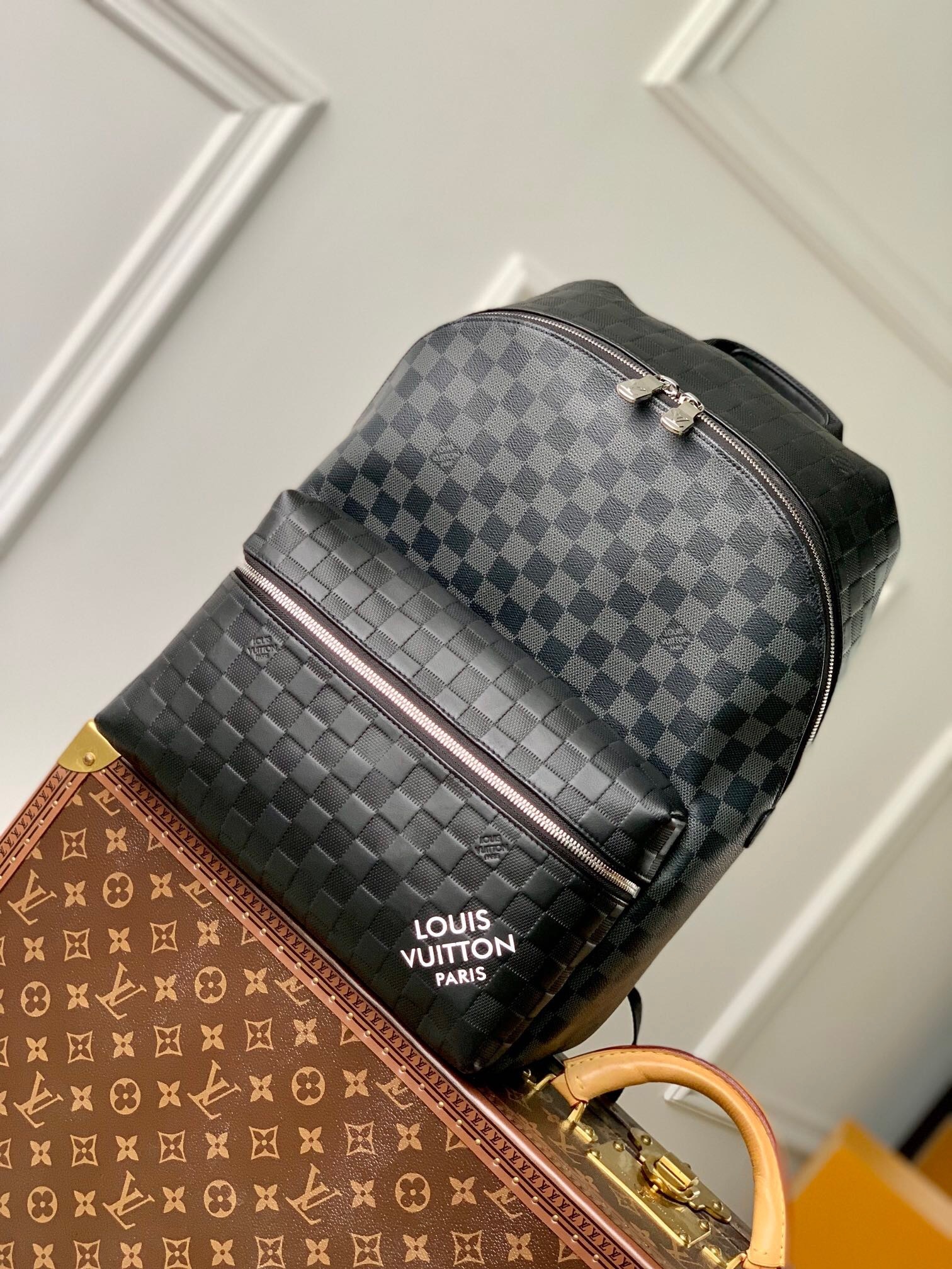 LV Discovery Backpack PM in Damier Graphite canvas with black cowhide leather trim